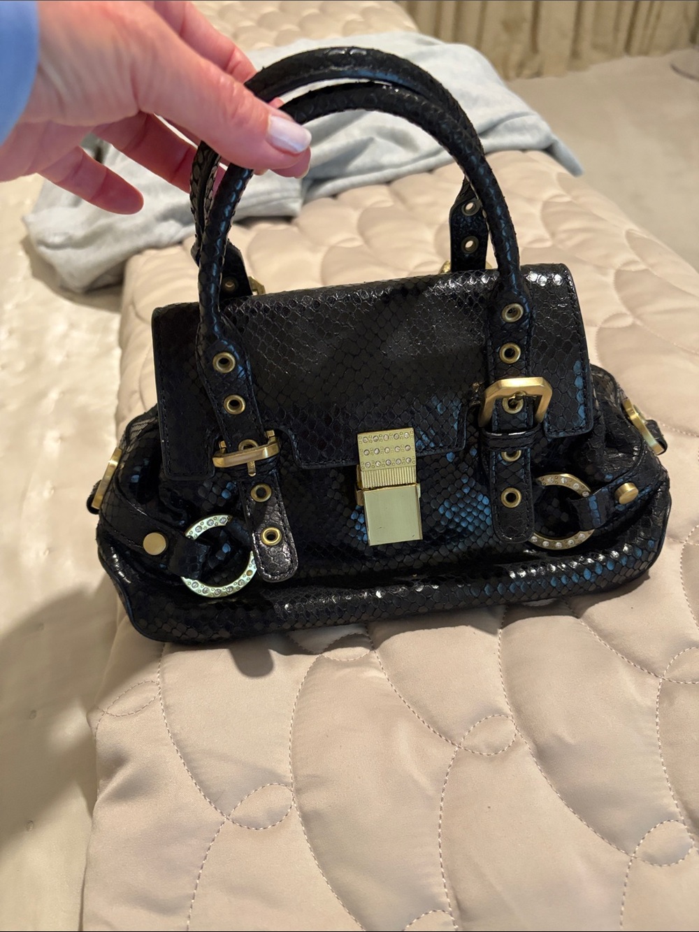Adrienne Vittadini Black Snakeskin-Texture Satchel with Gold Accents